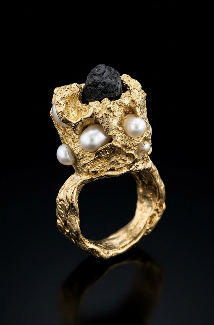 Anillo con perlas y piedra volcánica